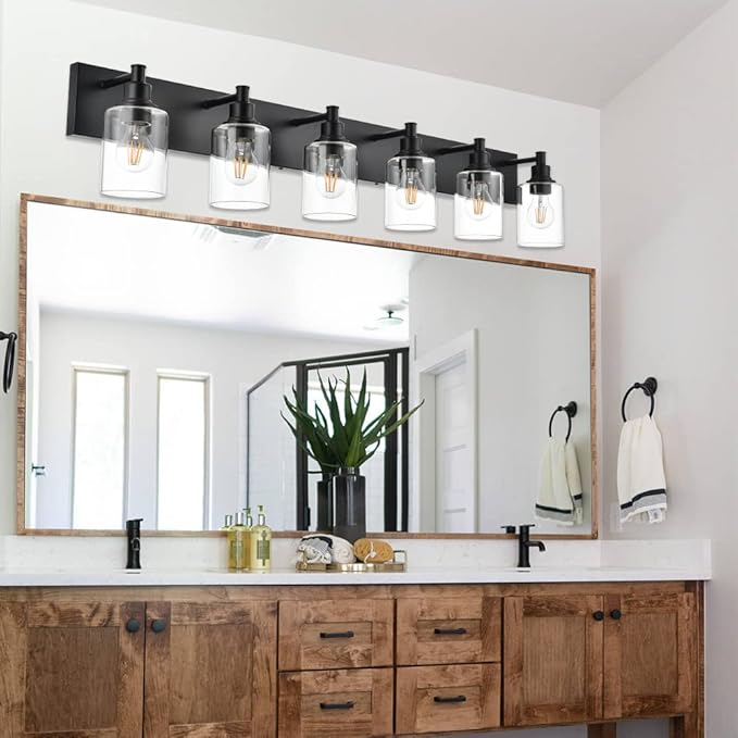 6-Lights Vanity Lights for Bathroom with Clear Glass Shades, Black Bathroom Light Fixtures Over Mirror for Bedroom Hallway (E26 Bulb Base)