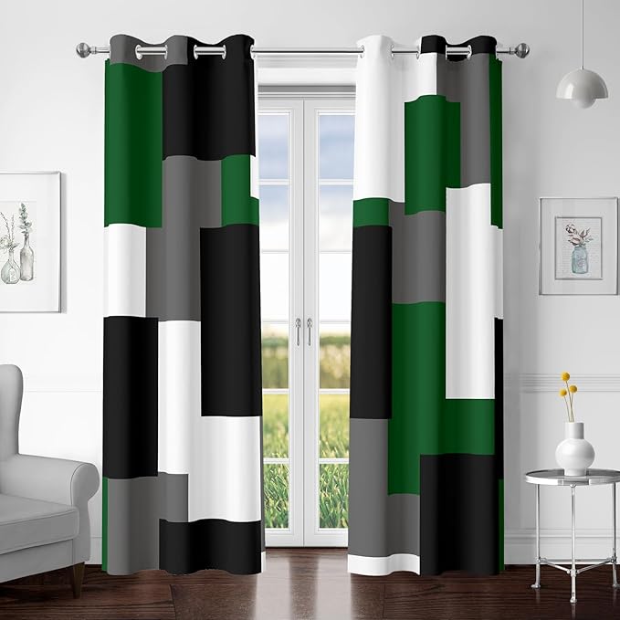 Green 100% Blackout Curtains for Bedroom 63 inch Length 2 Panels Set White Grey Modern Abstract Geometric Black Out Curtains Insulated Room Darkening Window Drapes for Living Room, 42Wx63L