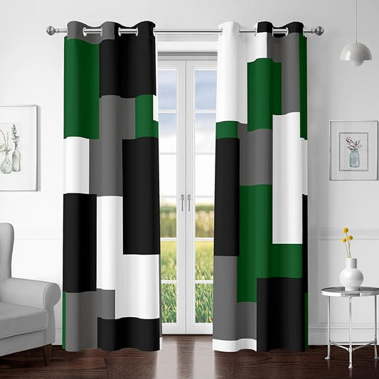 Green 100% Blackout Curtains for Bedroom 63 inch Length 2 Panels Set White Grey Modern Abstract Geometric Black Out Curtains Insulated Room Darkening Window Drapes for Living Room, 42Wx63L
