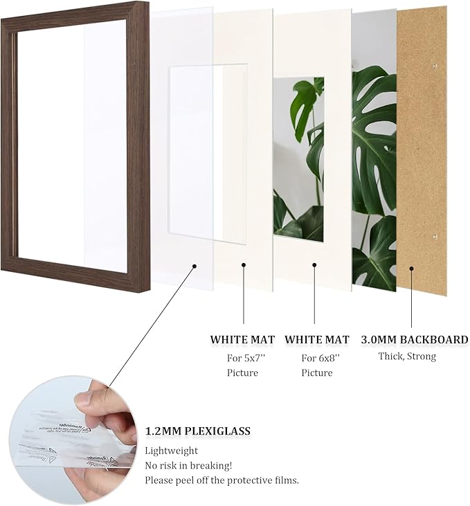 Egofine 8x12 Picture Frames Set of 4, Made of Solid Wood Covered by Plexiglass 5x7 and 6x8 with Mat or 8x12 without Mat, for Table Top Display and Wall Mounting Photo Frame Brown