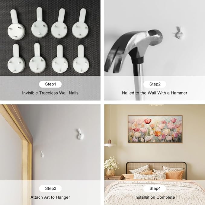 HPNIUB Large Hand-Painted Nature Wildflowers Framed Wall Art Pink Floral Canvas Oil Painting Modern Aesthetic Wall Decor Abstract Flower Artwork for Living Room Bedroom Decor -20"x40"