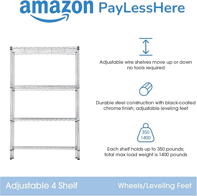 PayLessHere | 4-Tier Wire Shelf | 36"x14"x62" | Chrome | Adjustable Racks | Heavy-Duty Storage Shelves, Holds Upto 1400 lbs | Rust-Resistant, No-Tool Assembly | for Home, Garage Shelving