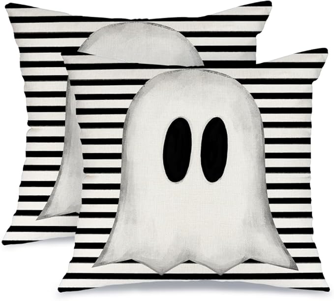 AACORS Halloween Throw Pillow Cover 16X16 Set of 2,White Ghost Striped Decorations Holiday Farmhouse Cushion Case for Home Sofa Couch Decor AA012-16-2