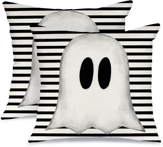 AACORS Halloween Throw Pillow Cover 16X16 Set of 2,White Ghost Striped Decorations Holiday Farmhouse Cushion Case for Home Sofa Couch Decor AA012-16-2