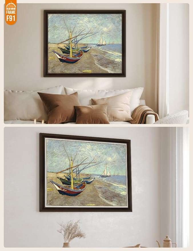 DECORARTS - Boats At Saintes Maire, Vincent Van Gogh Art Reproduction. Giclee Print w/Bronze Frame&Mat for Wall Decor. 30x24,