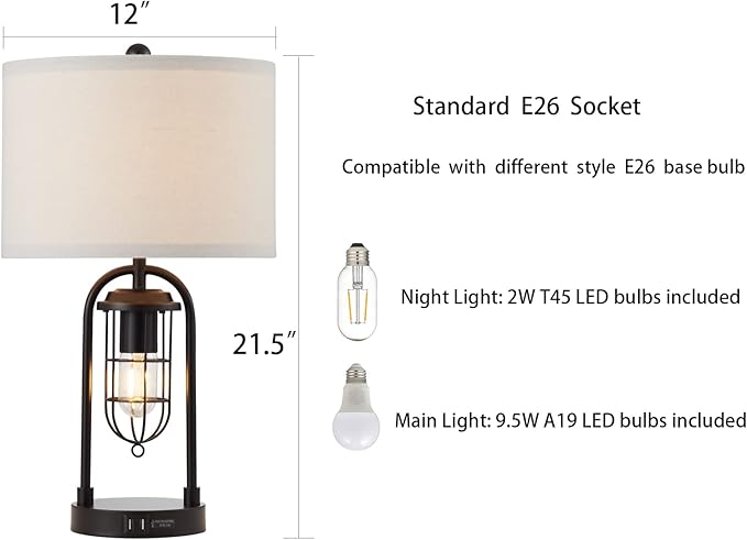 Kyrid 21'' Table Lamps Set of 2 with Night Light and USB Port Industrial Modern Nightstand Lamp Set (Bulbs Included)