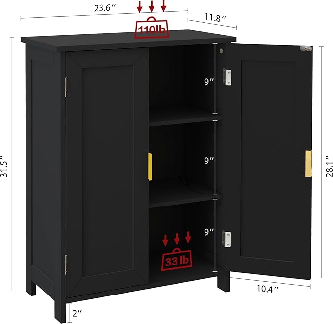 TaoHFE Black Freestanding Bathroom Cabinet with 2 Doors - Towel & Small Storage for Bathroom, Restroom, Office, Restaurant, Living Room