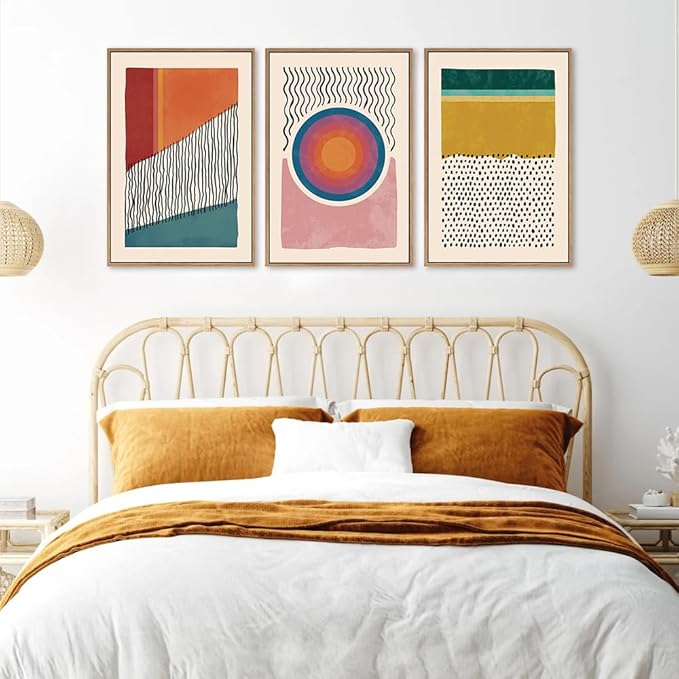 HPINUB Boho Framed Canvas Prints Wall Art Set, Mid-Century Abstract Color Block Shape Wall Decor, Geometric Illustrations Art Photos for Living Room, Bedroom, Dining Room, Office, Bathroom-24 x36 x3