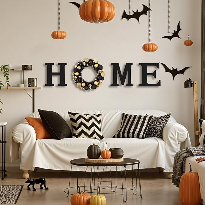 Wooden Home Sign with Artificial Halloween Wreath for O, Hanging Farmhouse Wall House Decor Wood Letters for Wall Art Rustic Home Decor Living Room Kitchen Entryway