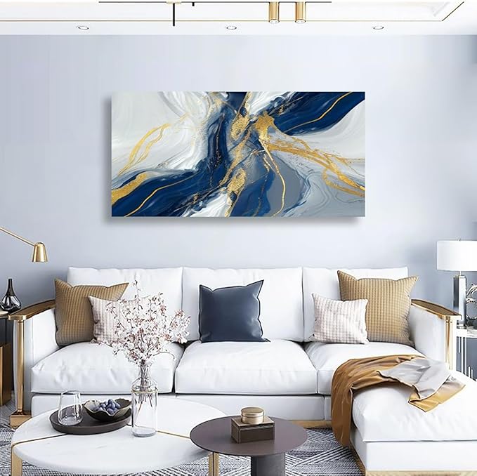 Golden Blue Wall Art Print Oil Paintings Abstract Canvas Wall Art for Living room Office Bedroom Modern Flow of White Golden Blue Pictures Wall Decor Artwork Waterproof Ready to Hang - 20in * 40inch