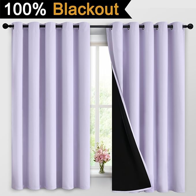 Yakamok 2 Thick Layers 100% Completely Blackout Window Curtains,Thermal Insulated Noise Reducing Drapes for Girl's Bedroom(62Wx63L, Lilac, 2 Panels)