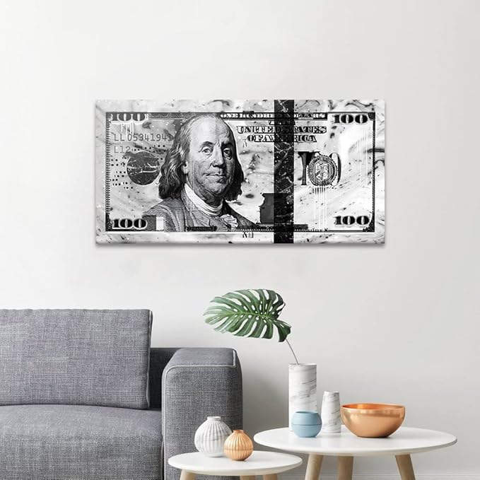 Black and White Office Decor Wall Art Canvas 100 Dollar Money Posters and Prints Artwork HD Print 100 USD Bill Money Work Pictures for Office Home Living Room Bedroom Rest Room Framed-32"Wx16"H