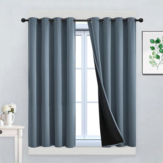 Yakamok 100% Blackout Lined Panels, Room Darkening Thermal Insulated Blackout Curtains for Bedroom, Heat Blocking Drapes for Living Room(52Wx45L, Stone Blue, 2 Panels)