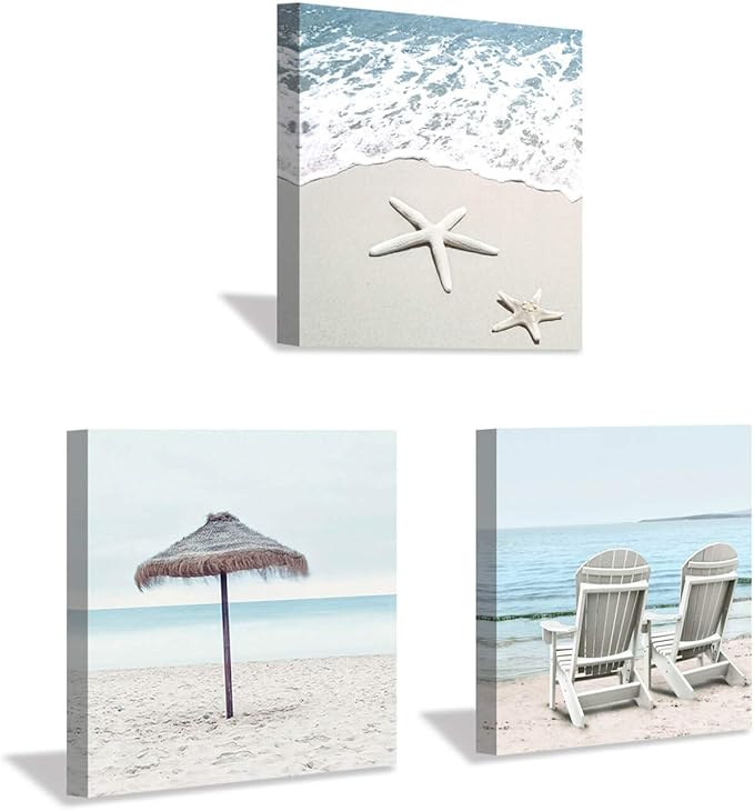 Beach Theme Canvas Wall Art: Sun Umbrella Starfish & Beach Chair on Sand Artwork Painting Print for Bedroom Office (12'' x 12'' x 3 Panels)