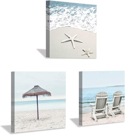 Beach Theme Canvas Wall Art: Sun Umbrella Starfish & Beach Chair on Sand Artwork Painting Print for Bedroom Office (12'' x 12'' x 3 Panels)