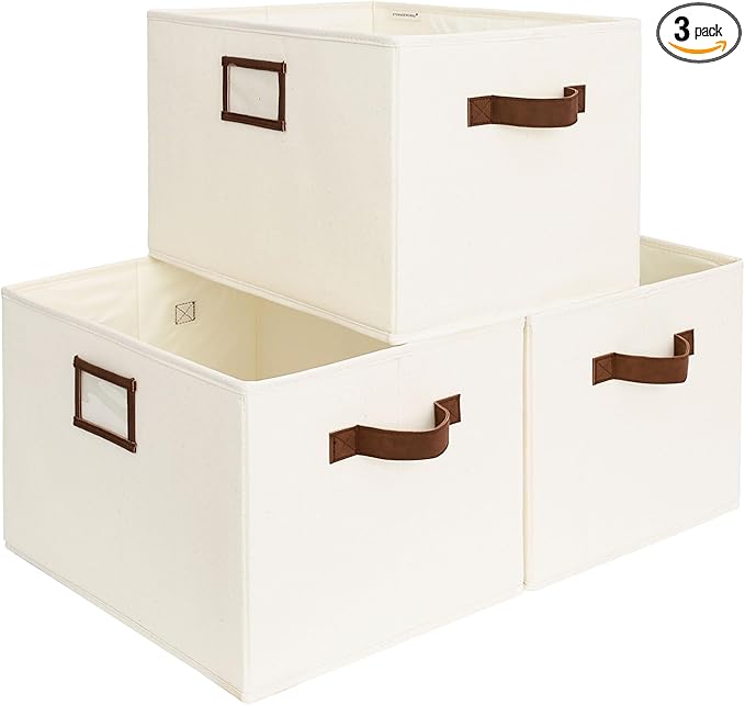 StorageWorks Storage Baskets for Shelves, Foldable Fabric Closet Storage Bins with PU Handles, Fabric Storage Bins Clothes Organizer, Ivory White, 3-Pack, Extra Large