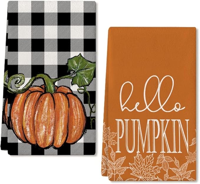 ARKENY Pumpkin Fall Kitchen Towels Set of 2,Maple Leaves Autumn Dish Towels 18x26 Inch,Farmhouse Home Indoor Thanksgiving Harvest Seasonal Vintage Decorations AD002