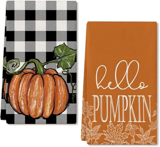 ARKENY Pumpkin Fall Kitchen Towels Set of 2,Maple Leaves Autumn Dish Towels 18x26 Inch,Farmhouse Home Indoor Thanksgiving Harvest Seasonal Vintage Decorations AD002
