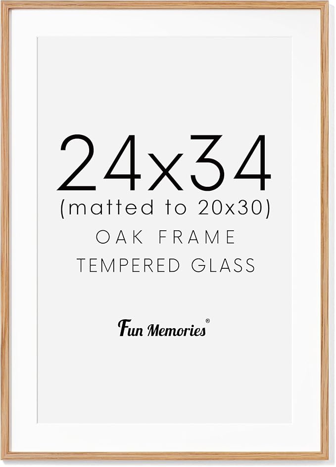 Fun Memories Rustic Oak Wood Picture Frame - 24x34 with Real Glass, Mat for 20x30, Natural Oak Color, 1 Pack