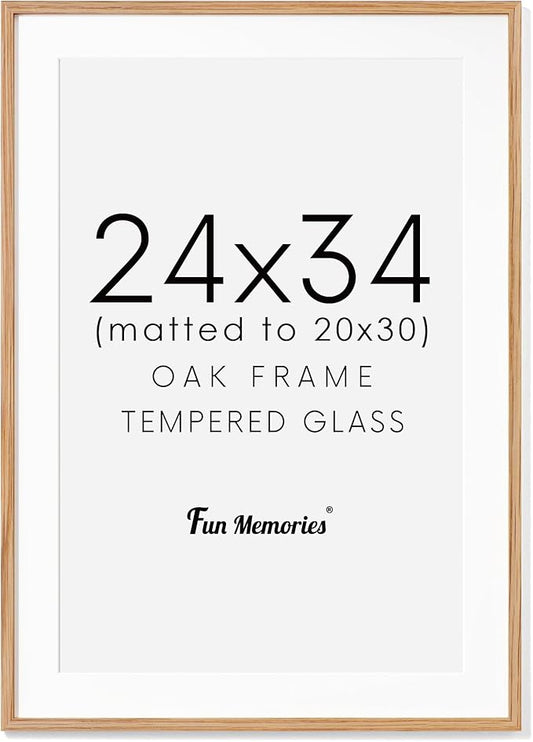 Fun Memories Rustic Oak Wood Picture Frame - 24x34 with Real Glass, Mat for 20x30, Natural Oak Color, 1 Pack