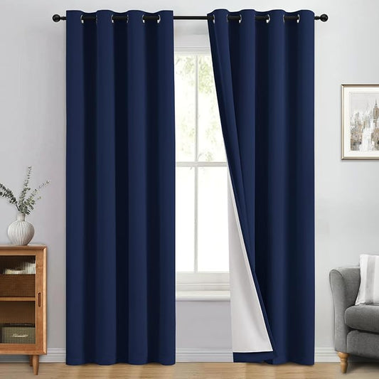 Yakamok 100% Blackout Curtain Panels 84 inches Cold and Light Blocking Drapes for Nursery, 2 Thick Layers Thermal Insulated Draperies (2 Pieces, 50 Wide Each Panel, Navy Blue Front with White Backing)