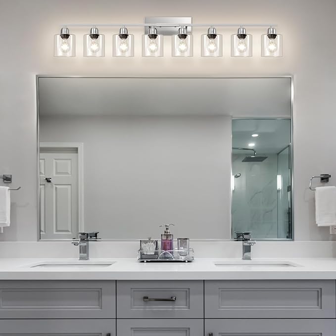 Brushed Nickel Light Fixture Bathroom, 8 Light Mirror Lights with Clear Glass, 51 inch Bathroom Mirror Lights for Oversized Mirrorss, E26 Socket