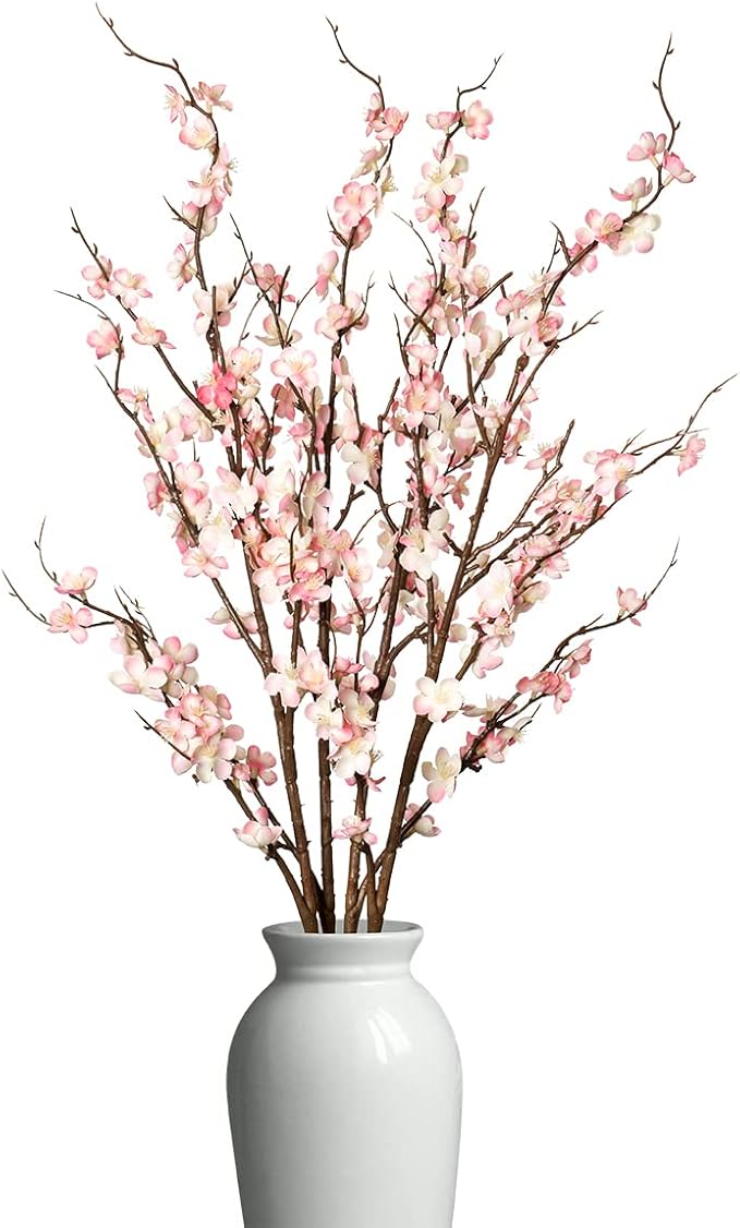 4Pcs Cherry Blossom Branches Artificial Flowers for Spring Summer Indoor Decoration,Faux Long Stem Artificial Flowers for Wedding Home Office Bedroom Party Table Centerpieces Decor (Pink)