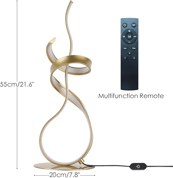 Gold Art Spiral 24W LED Table Lamp with Touch Remote Dimmer, 22" Unique Creative Stylish Smart Lamp, LED Desk Lamp for Dining Room, Bedroom, Bedside, Restaurant, Bar (Gold)