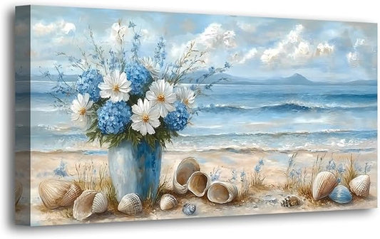 Ocean Waves Vase of Flowers Pictures Canvas Wall Art for Living room Office Bedroom Wall Decor Beach Sea Shell Wall Art Print Paintings Modern Abstract Scenery Artwork Ready to Hang-20x40inch