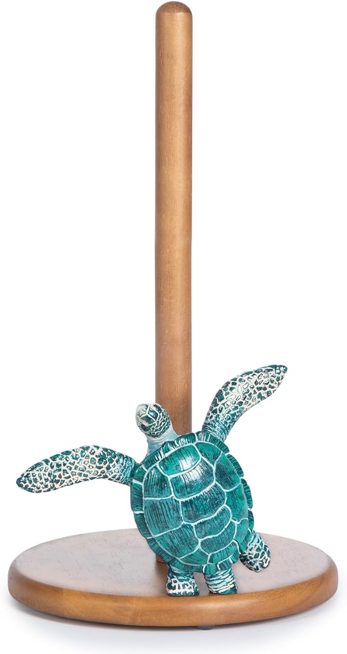 Turtle Paper Towel Holder - Coastal Decor for Home Ocean Decor Beach House Beachy Themed, Sea Turtle Gifts for Women, Cute Decorative Paper Towel Holder Stand Countertop Kitchen Nautical Teal Wood