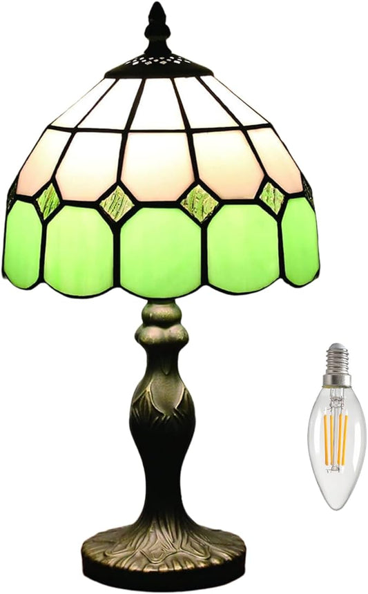 Tiffany-Style 8 Inch Table Lamp Mediterranean Series Stained Glass Lampshades Small Bedside Lamp Reading Antique Desk Light Livingroom Bedroom Office Vintage Art Deco Victorian(Color:Green)