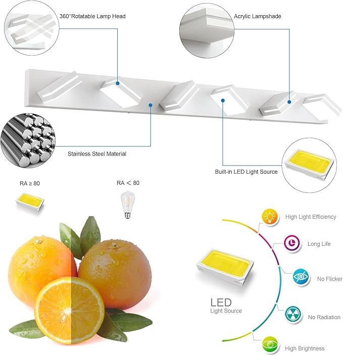 SineRise LED Modern Bathroom Vanity Light Fixtures (6-Light, 48-Inch, Dimmable), Matte White Modern Acrylic Bathroom Wall Lighting Fixtures Over Mirror (Cool White 6000K)