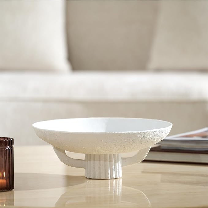 White Resin Decorative Bowl for Boho Modern Home Decor, 11.2" Large Elegant Pedestal Kitchen Fruit Bowl/Key Holder/Potpourri for Entryway Table, Coffee Table, Dining Room,Table Centerpiece Bowl