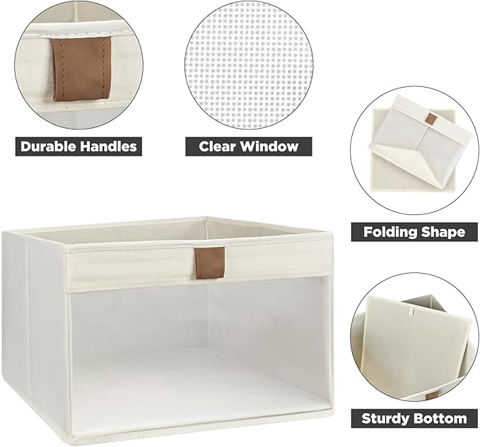 Linen Closet Organizers and Storage, Closet Storage Bins Basket Organizer, Foldable Organization Baskets with Mesh Window for Clothes Towels and Toys, 12.75" x 12.75" x 9", Beige, 4 pack