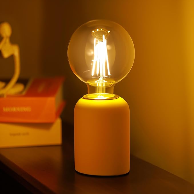 Mini Modern Yellow Concrete Bedside Table Lamp, 3.5 x 3.5 x 8.5 Inch Nightstand Lamps, with Spherical Bulb Round Side Table Lamp for Bedroom Living Room Entryway Table Lamps