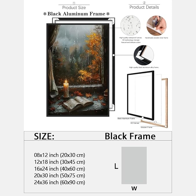 Fall Canvas Wall Art Cozy Bookish Posters Autumn Pictures Prints Moody Dark Cottagecore Academia Art Room Living Wall Decor 24x36inch black framed