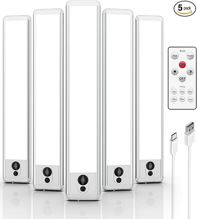 EZVALO 5 Pack Under Cabinet Lighting, Rechargeable Motion Sensor Light, LED Closet Lights Wireless, 5700K Dimmable, Timer, Magnetic, with Remote Control for Kitchen, Closet, Stair