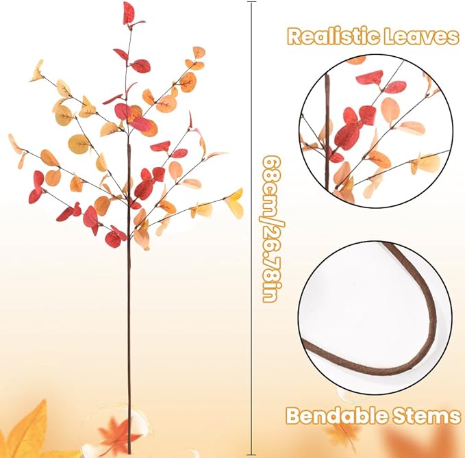 6Pcs Fall Artificial Flowers 27.6’’ Orange Autumn Eucalyptus Stems for Table Centerpieces Faux Eucalyptus Leaves Branches for Thanksgiving Floral Arrangements Home Party Decoration