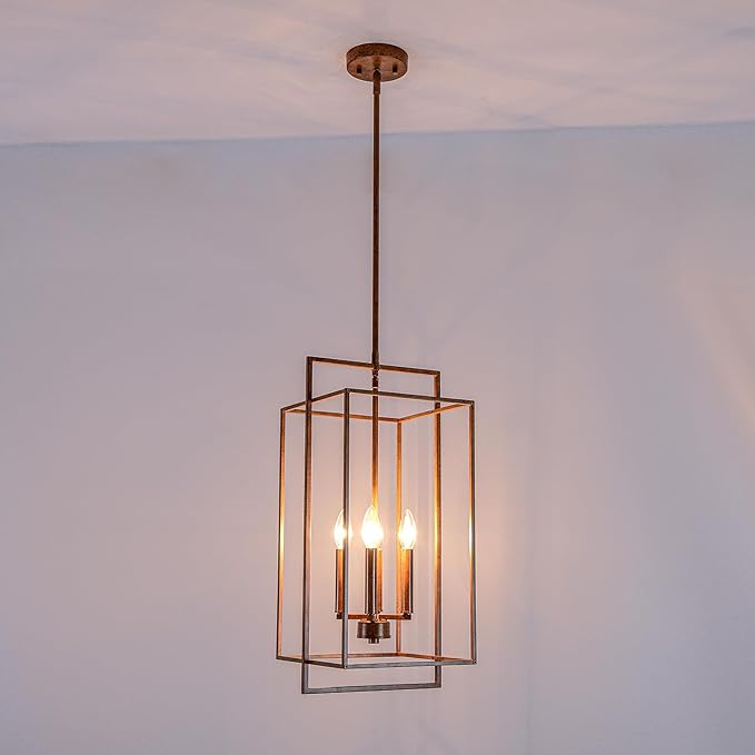 Antique Bronze Chandelier Lighting Fixture with Geometric Metal Cage, Retro Inspired 4-Light Industrial Pendant for Kitchen Island, Living Dining Room, Home Office Stairwell