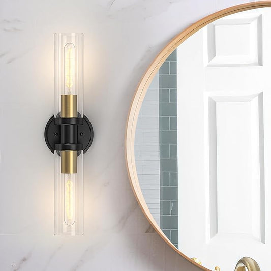 Espird Bathroom Light Fixtures 2-Light Black & Gold, Bathroom Vanity Lights Over Mirror, Wall Sconces, Industrial Lighting, Modern Brushed Brass Vanity Lighting Fixtures w/Glass Shades