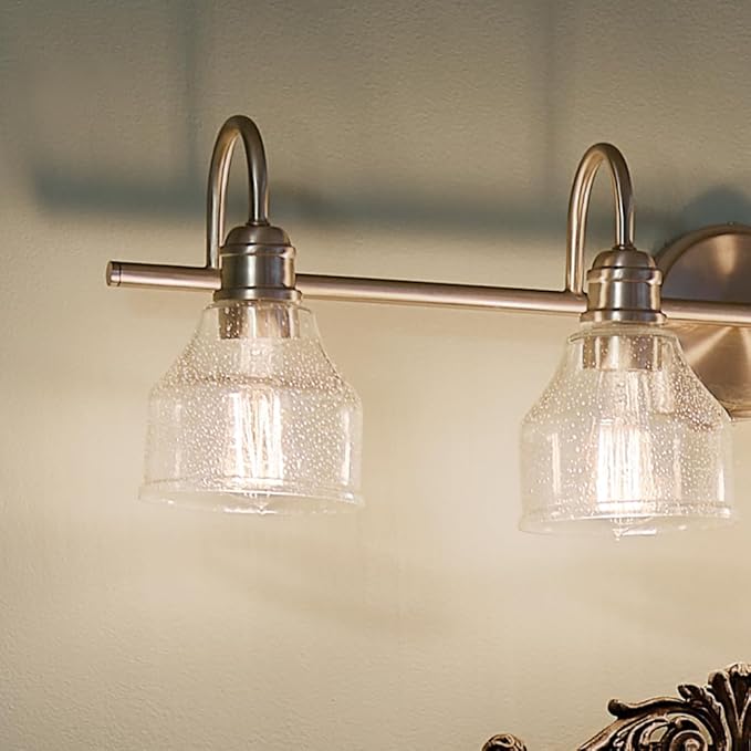 Kichler Avery 33.25" Vanity Bath Light in Brushed Nickel, Vintage 4-Light Bathroom Wall Mount Fixtured with Clear Seeded Glass, (24" W x 9.25" H), 45974NI White