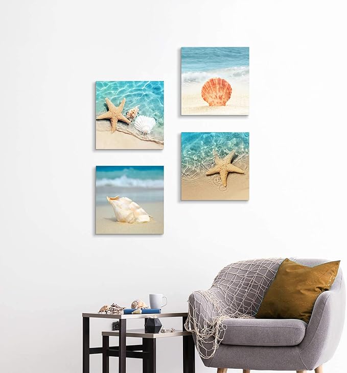 Hardy Gallery Beach Seashell Starfish Wall Art: Blue Ocean Beauties Artwork Print on Wrapped Canvas for Living Room (12''x12''x4pcs)
