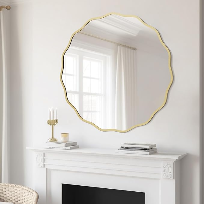 WallBeyond Round Wavy Mirror for Wall Decorative 32 inch, Modern Round Mirror Aluminum Frame for Bathroom Bedroom Living Room Home House Office Entryway, Gold