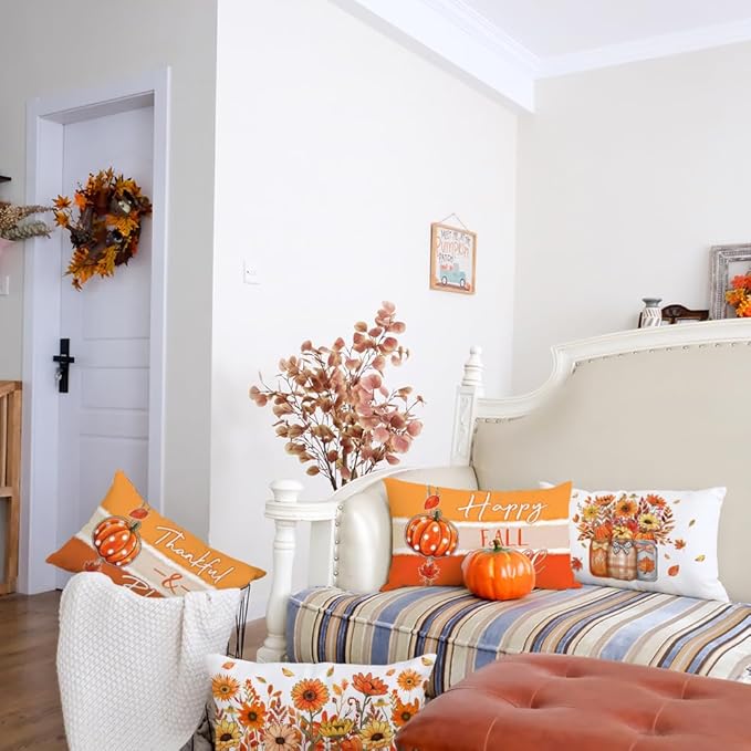 GEEORY Fall Throw Pillow Covers 12x20 Inch Set of 4, Pumpkins Floral Mason Jars Happy Fall Y'all Thankful & Blessed Orange Autumn Seasonal Decorative Farmhouse Decoration for Home G552-12