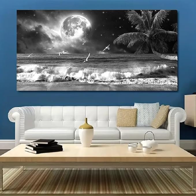 Yxbhhym large Black and White Wall Art Beach Canvas Print Art Moon Ocean Pictures Sea Paintings Seascape Poster Landscape Palm Artwork for Wall Art Living Room Home Decoration Framed-24x48inches