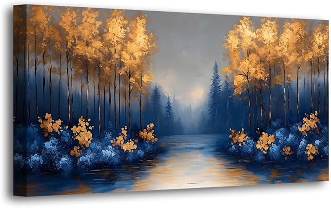 Abstract Scenery Pictures Canvas Wall Art for Living Room Office Bedroom Wall Decor,Blue Forest Golden Tree Wall Art Print Paintings Modern Landscapes Artwork Waterproof Ready to Hang-20x40inch