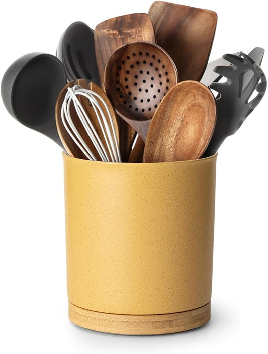 Nucookery 360°Rotating Utensil Holder, 7.2" Kitchen Utensil Crock, Ceramic Cooking Utensil Organizer with Countertop-Protection Cork Bottom for Farmhouse Kitchen Decor Christmas (Yellow Sand)