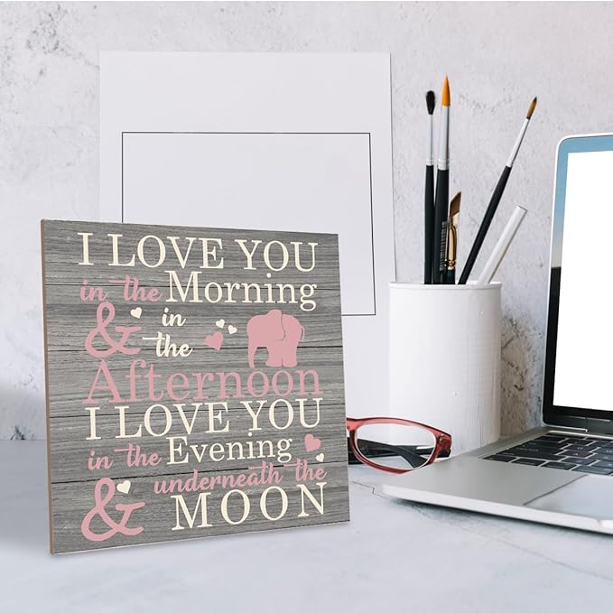 Love Sign, Wood Plaque Table Art Sign 6.2 * 6.2inch, Elephant Wood Sign for Nursery, Decoration for Baby Girls Room, Daughter's Room Decor, I Love You in the Morning Afternoon Evening & Moon