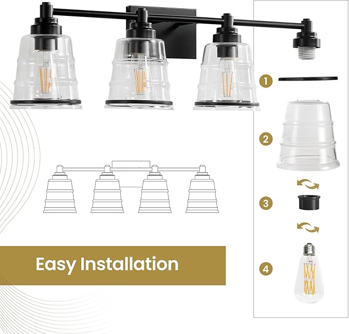 Black Bathroom Vanity Light Fixture, 4 Light Bathroom Light Fixtures Over Mirror with Clear Glass Shade and Metal Base Wall Sconce, 29.1 inch Modern Vanity Light for Bathroom(Exclude E26 Bulb)
