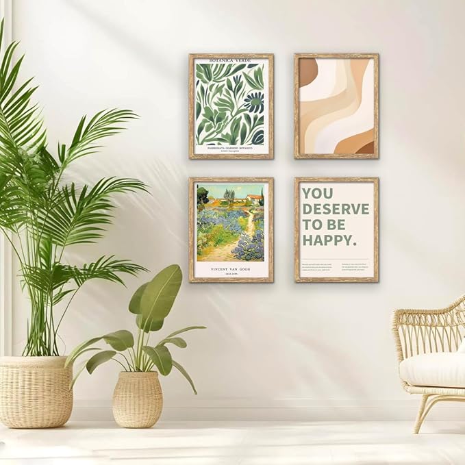 GUMEYJIA Framed Modern Wall Art Print Set 4 Piece Wall Decor Collection Botanical Verde Desert Contemporary Van Gogh Garden Inspirational Quote Art (11"x14")